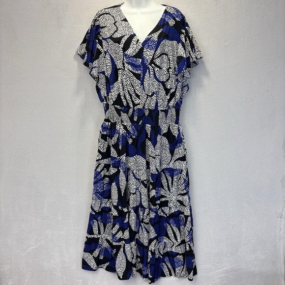 Chico's Dresses & Skirts - Chico's 3 Flutter Sleeve Maxi Fit Flare Dress Womens 16 Black Blue Floral Lined